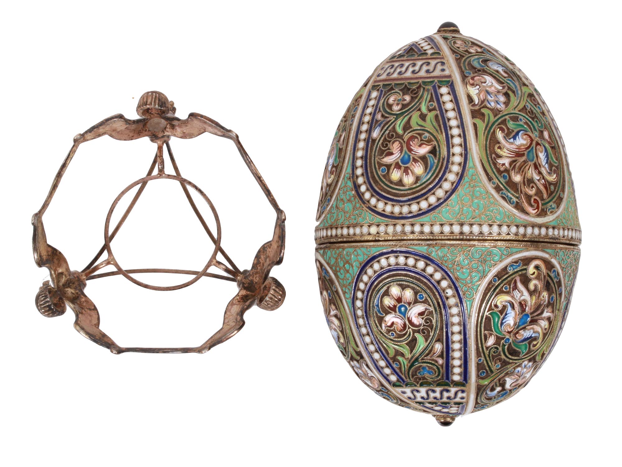 RUSSIAN GILT SILVER ENAMLED EASTER EGG WITH STAND PIC-6